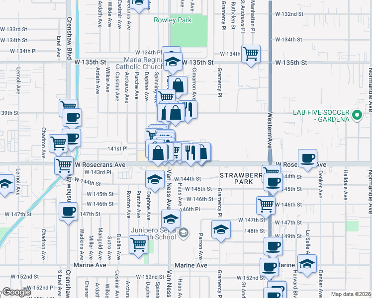 map of restaurants, bars, coffee shops, grocery stores, and more near 14104 Van Ness Avenue in Gardena
