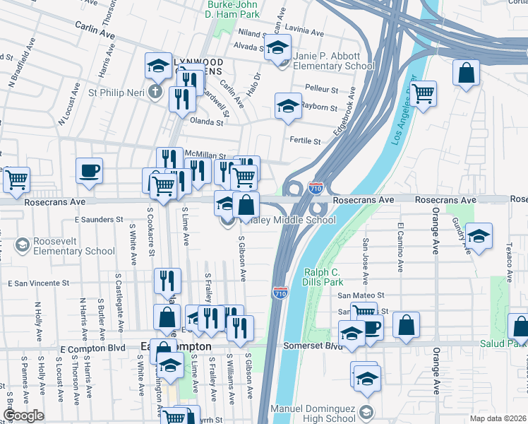 map of restaurants, bars, coffee shops, grocery stores, and more near 4941 East San Rafael Street in Compton