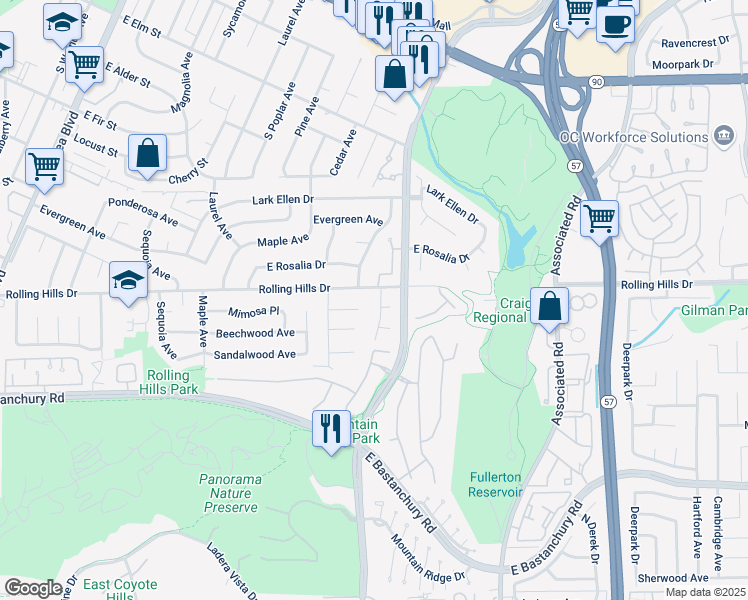 map of restaurants, bars, coffee shops, grocery stores, and more near 2833 Live Oak Avenue in Fullerton