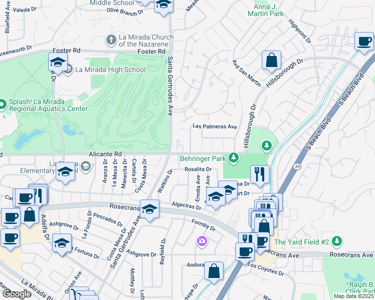map of restaurants, bars, coffee shops, grocery stores, and more near 14127 Las Puertas Street in La Mirada