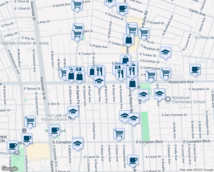 map of restaurants, bars, coffee shops, grocery stores, and more near 1010 North Burris Avenue in Compton