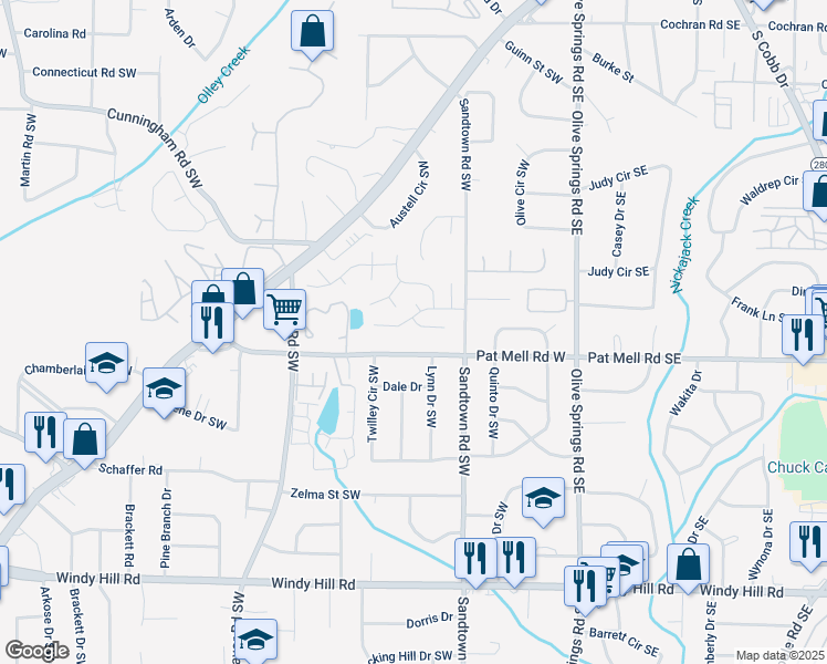 map of restaurants, bars, coffee shops, grocery stores, and more near 141 Summer Crest Place Southwest in Marietta