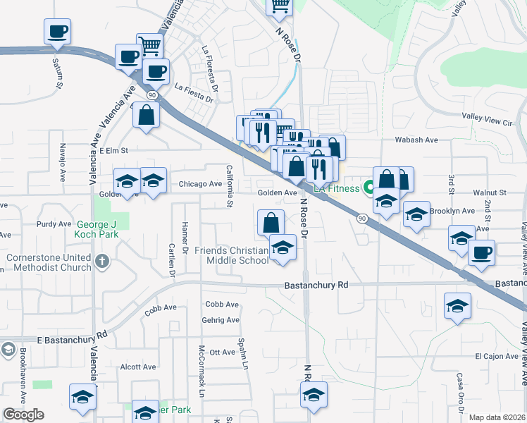 map of restaurants, bars, coffee shops, grocery stores, and more near 4041 Bycroft Circle in Yorba Linda
