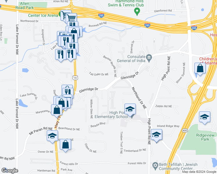 map of restaurants, bars, coffee shops, grocery stores, and more near 5412 Glenridge Drive in Atlanta