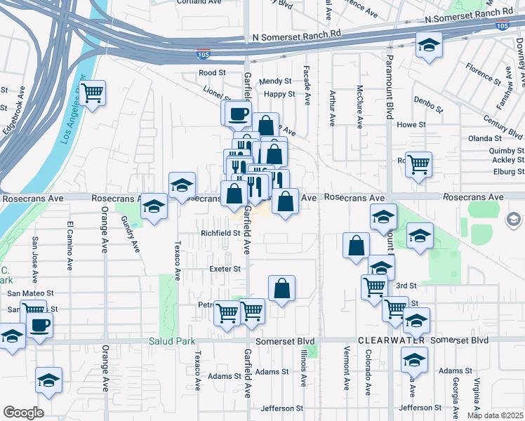 map of restaurants, bars, coffee shops, grocery stores, and more near 7508 Rosecrans Avenue in Paramount