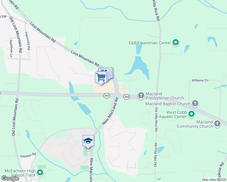 map of restaurants, bars, coffee shops, grocery stores, and more near 2060 Lost Mountain Road in Powder Springs