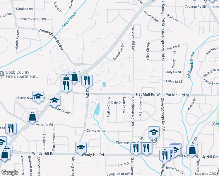 map of restaurants, bars, coffee shops, grocery stores, and more near 186 Summer Lake Drive Southwest in Marietta