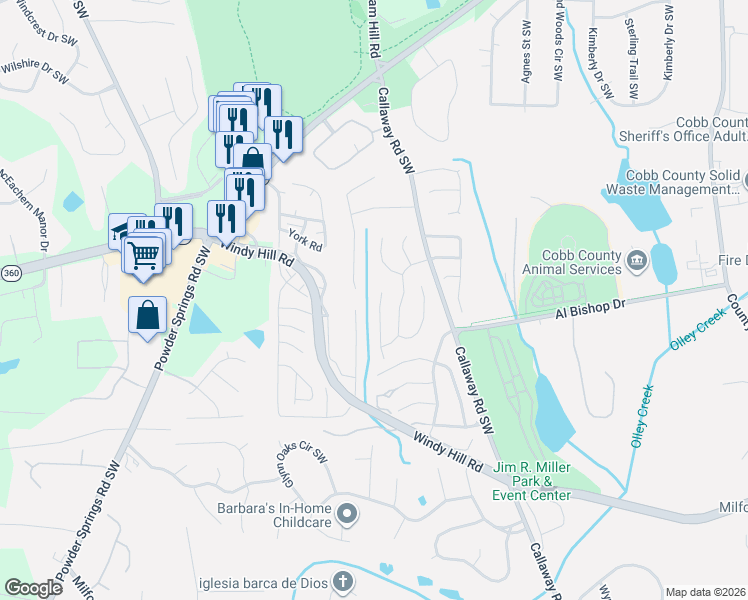 map of restaurants, bars, coffee shops, grocery stores, and more near 2090 Corsica Way Southwest in Marietta