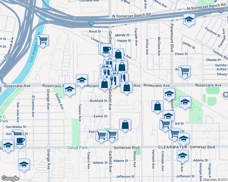 map of restaurants, bars, coffee shops, grocery stores, and more near 7508 Rosecrans Avenue in Paramount