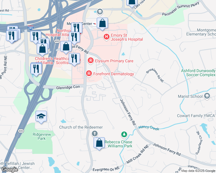 map of restaurants, bars, coffee shops, grocery stores, and more near 1178 Glenridge Place Northeast in Atlanta
