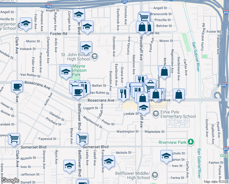 map of restaurants, bars, coffee shops, grocery stores, and more near 10015 Van Ruiten Street in Bellflower