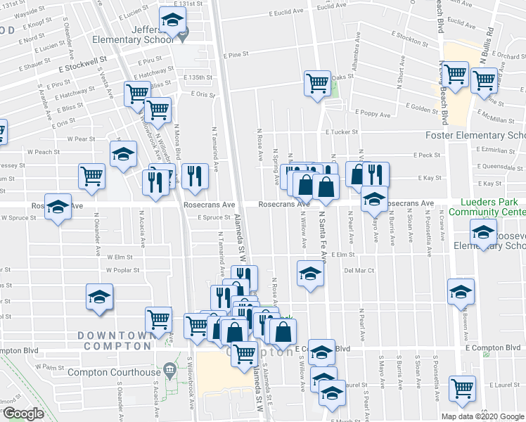 map of restaurants, bars, coffee shops, grocery stores, and more near 1005 North Rose Avenue in Compton