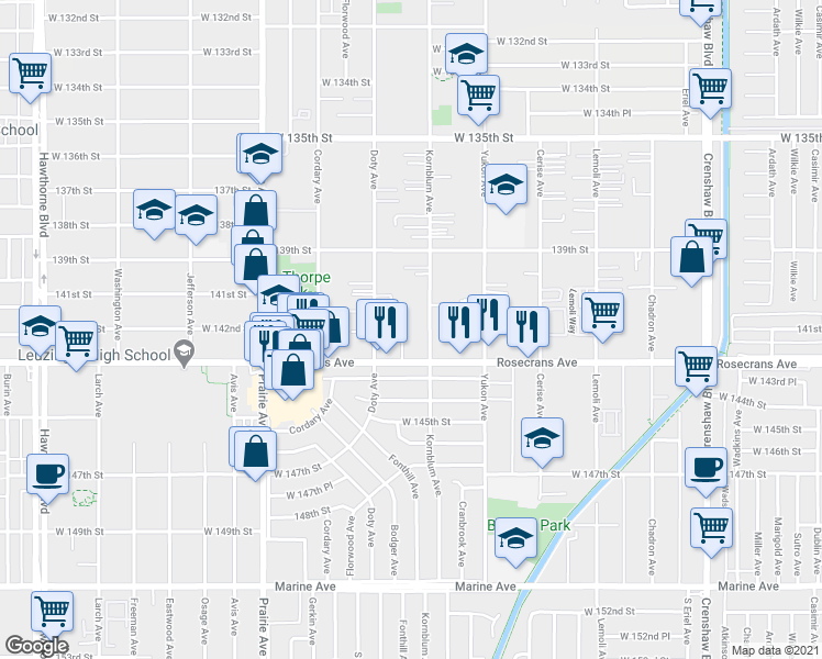 map of restaurants, bars, coffee shops, grocery stores, and more near 14114 Fonthill Avenue in Hawthorne