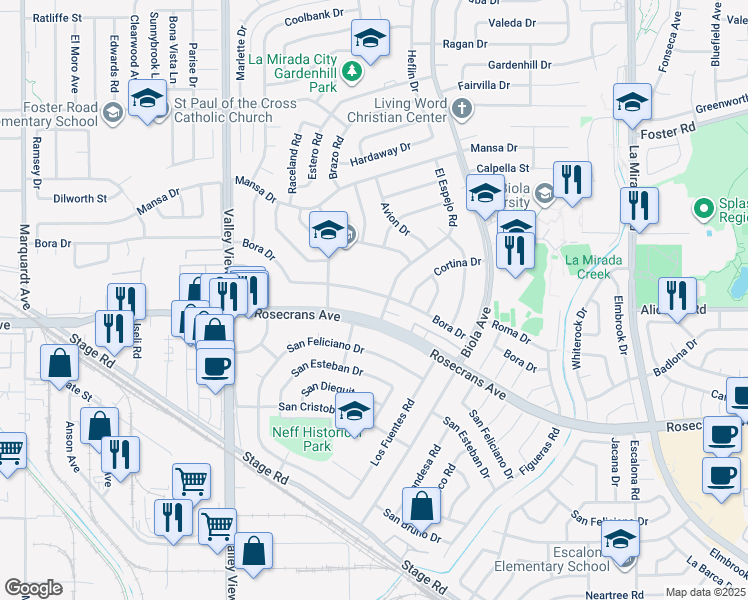 map of restaurants, bars, coffee shops, grocery stores, and more near 14460 Bora Drive in La Mirada