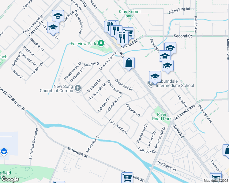 map of restaurants, bars, coffee shops, grocery stores, and more near 1452 Granada Avenue in Corona