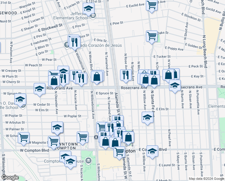 map of restaurants, bars, coffee shops, grocery stores, and more near 212 East Rosecrans Avenue in Compton