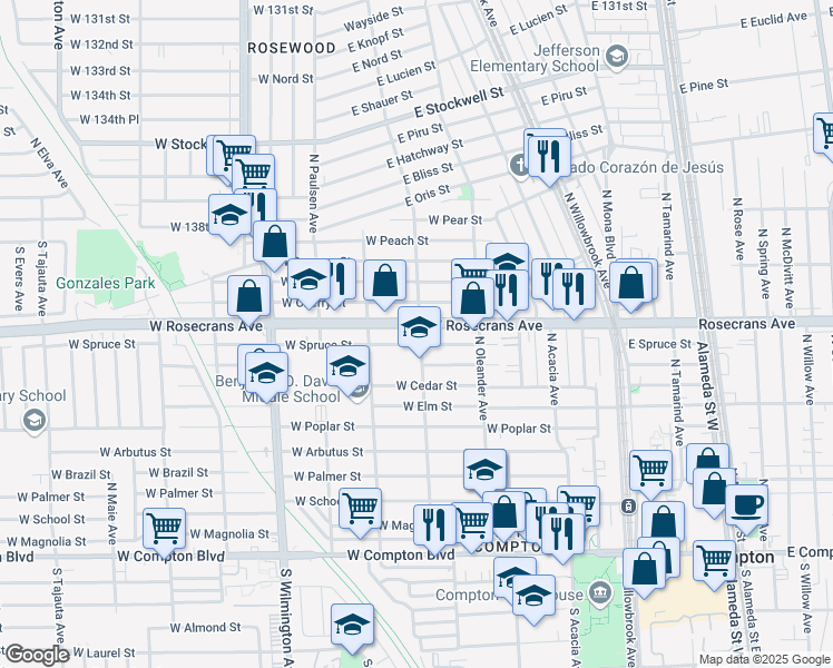 map of restaurants, bars, coffee shops, grocery stores, and more near 512 Rosecrans Avenue in Compton