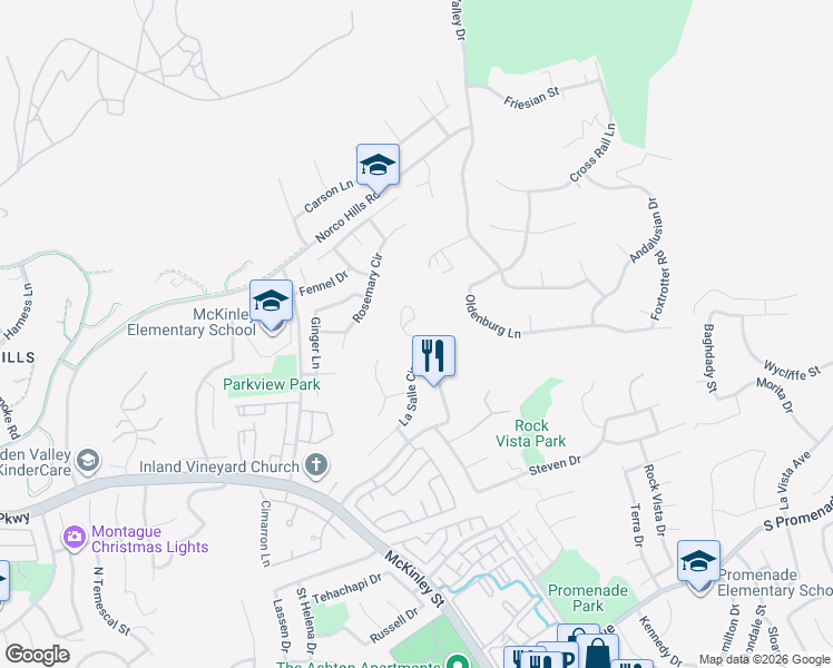 map of restaurants, bars, coffee shops, grocery stores, and more near 1110 La Salle Circle in Corona