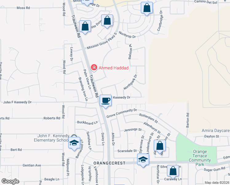 map of restaurants, bars, coffee shops, grocery stores, and more near 8171 Bon View Drive in Riverside