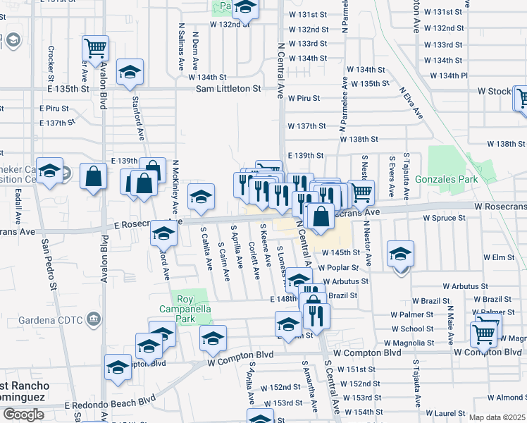 map of restaurants, bars, coffee shops, grocery stores, and more near 2215 Rosecrans Avenue in Compton