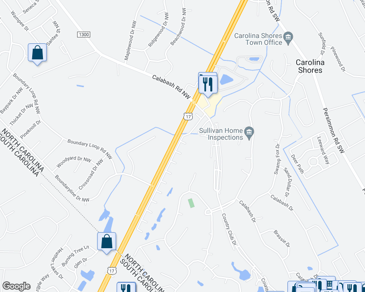 map of restaurants, bars, coffee shops, grocery stores, and more near 13 Court 8 Northwest Drive in Carolina Shores