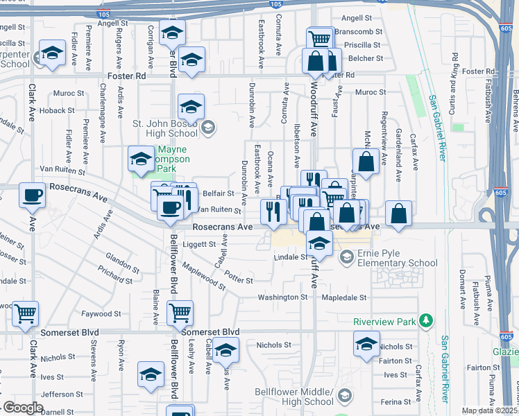 map of restaurants, bars, coffee shops, grocery stores, and more near 10015 Van Ruiten Street in Bellflower