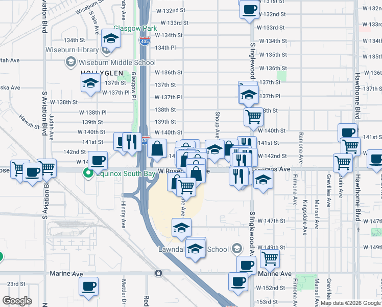 map of restaurants, bars, coffee shops, grocery stores, and more near 5021 West 142nd Street in Hawthorne