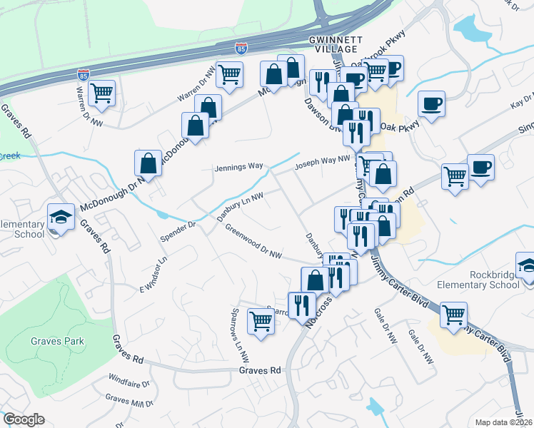 map of restaurants, bars, coffee shops, grocery stores, and more near 1599 Danbury Court Northwest in Norcross