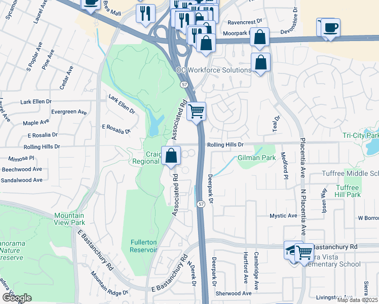 map of restaurants, bars, coffee shops, grocery stores, and more near 2782 Pine Creek Circle in Fullerton