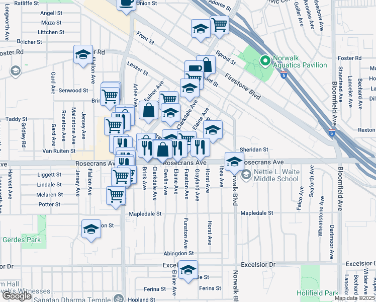 map of restaurants, bars, coffee shops, grocery stores, and more near 12049 Orange Street in Norwalk