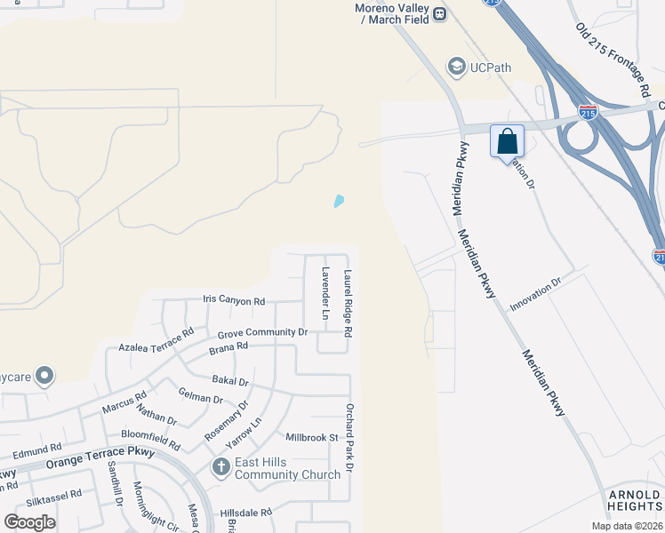 map of restaurants, bars, coffee shops, grocery stores, and more near 8215 Lavender Lane in Riverside