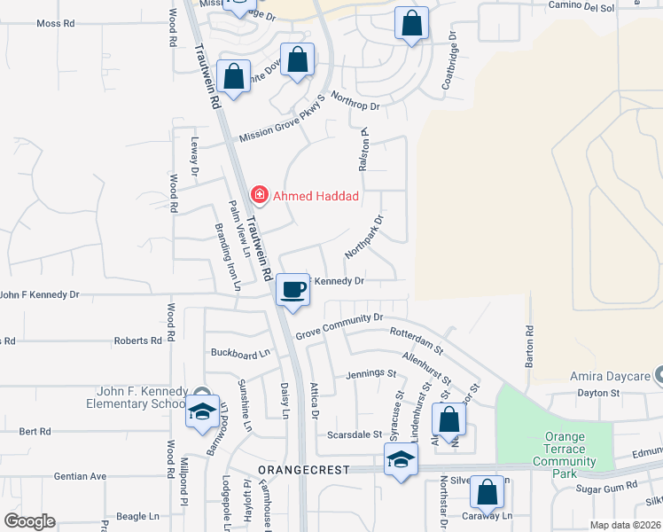 map of restaurants, bars, coffee shops, grocery stores, and more near 8171 Bon View Drive in Riverside