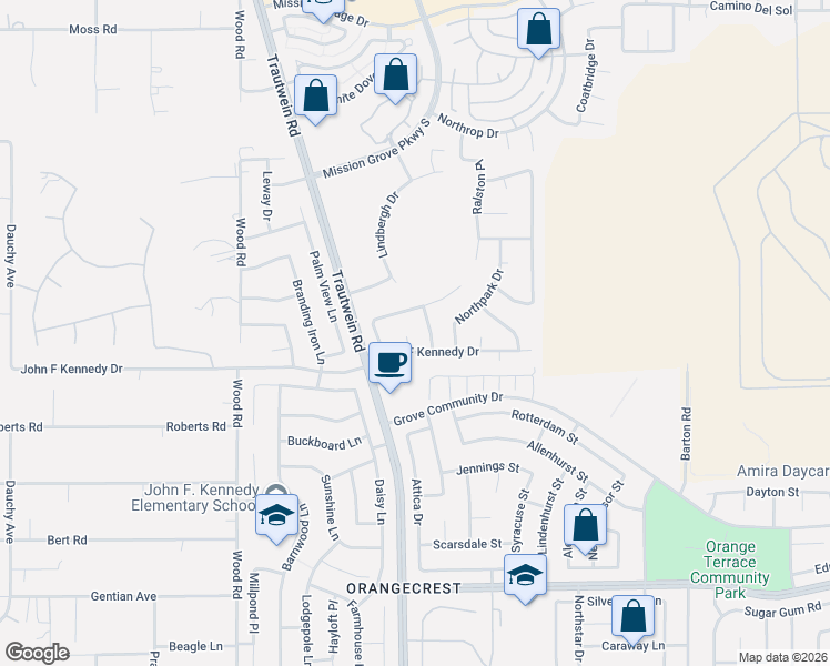 map of restaurants, bars, coffee shops, grocery stores, and more near 8171 Bon View Drive in Riverside