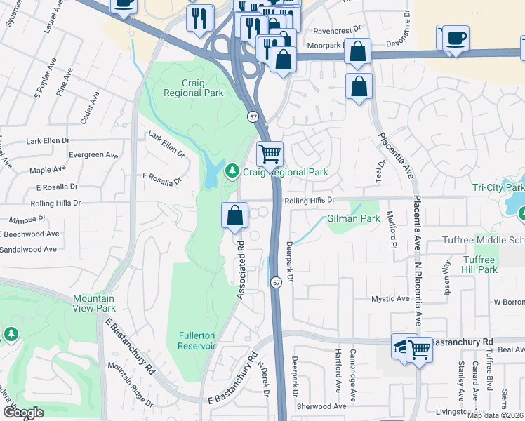 map of restaurants, bars, coffee shops, grocery stores, and more near 2782 Pine Creek Circle in Fullerton