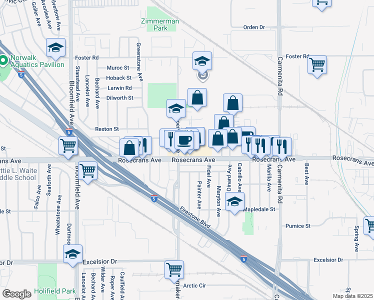 map of restaurants, bars, coffee shops, grocery stores, and more near 13019 Rosecrans Avenue in Norwalk