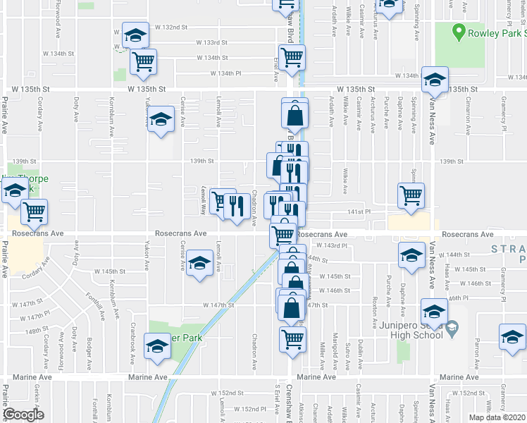 map of restaurants, bars, coffee shops, grocery stores, and more near 14115 Crenshaw Boulevard in Hawthorne