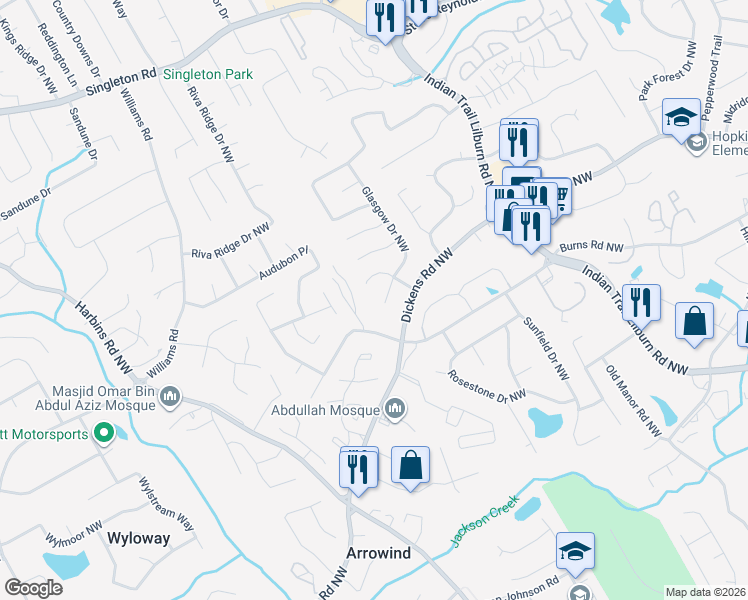 map of restaurants, bars, coffee shops, grocery stores, and more near 818 Glasgow Drive Northwest in Lilburn