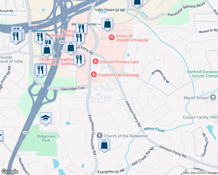 map of restaurants, bars, coffee shops, grocery stores, and more near 1178 Glenridge Place Northeast in Atlanta