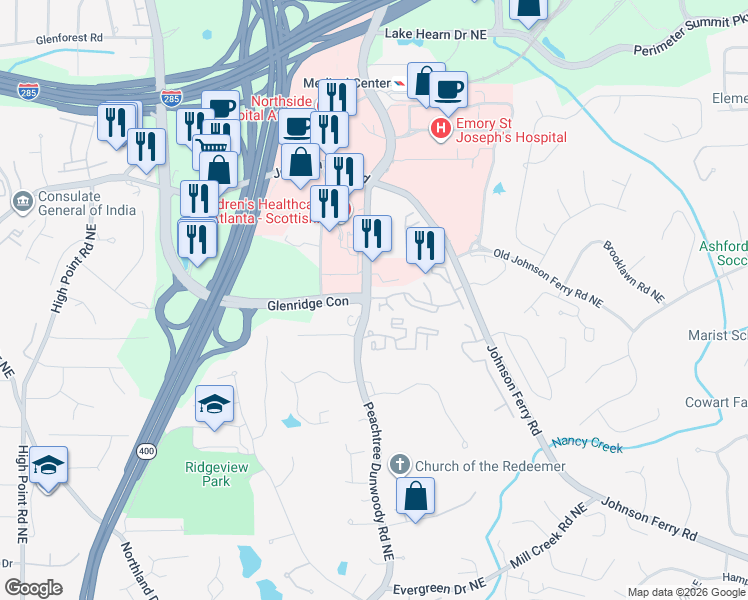 map of restaurants, bars, coffee shops, grocery stores, and more near 5412 Glenridge Cove Northeast in Atlanta