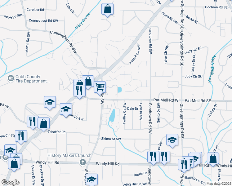 map of restaurants, bars, coffee shops, grocery stores, and more near 12 Ethel Drive Southwest in Marietta