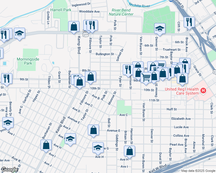 map of restaurants, bars, coffee shops, grocery stores, and more near 2304 10th Street in Wichita Falls