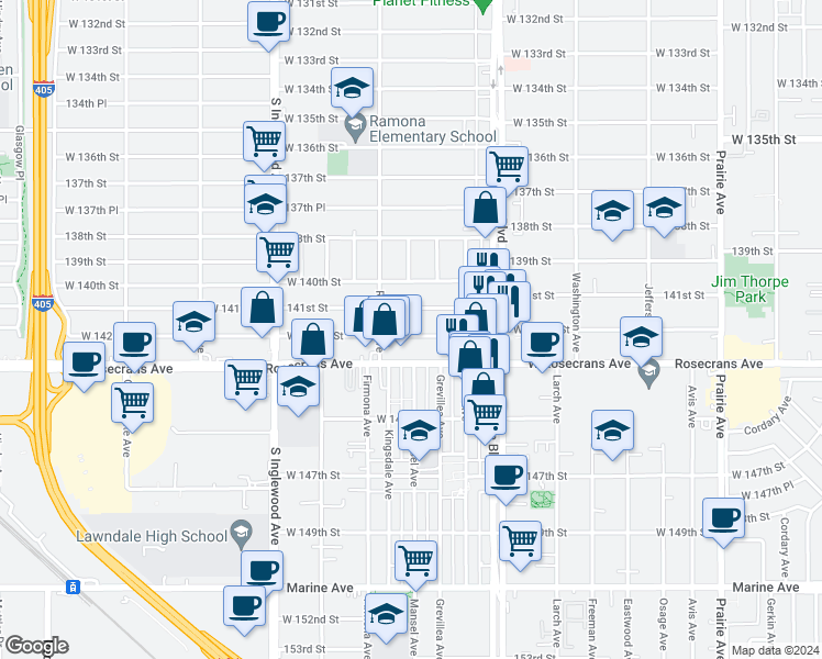 map of restaurants, bars, coffee shops, grocery stores, and more near 4551 West 142nd Street in Hawthorne