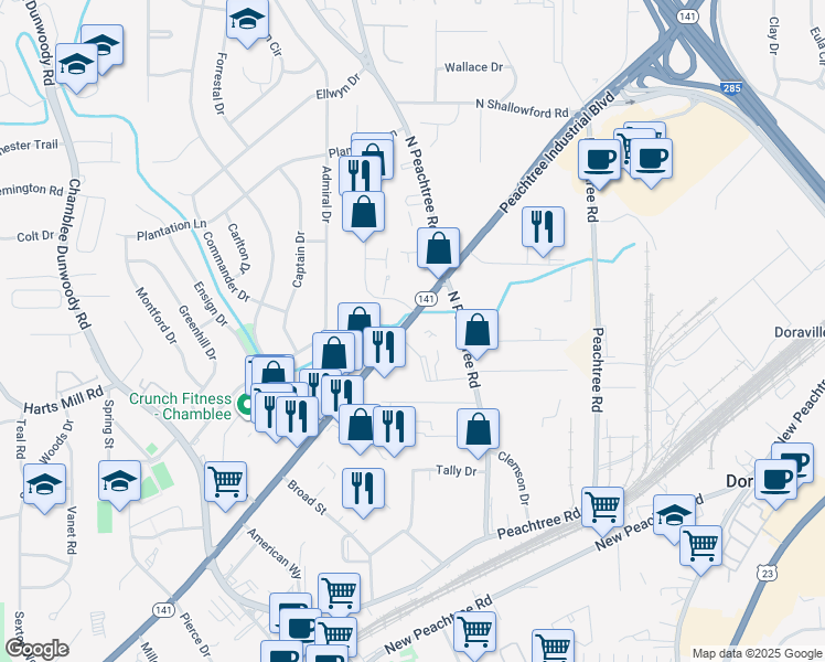 map of restaurants, bars, coffee shops, grocery stores, and more near 5675 Peachtree Industrial Boulevard in Atlanta