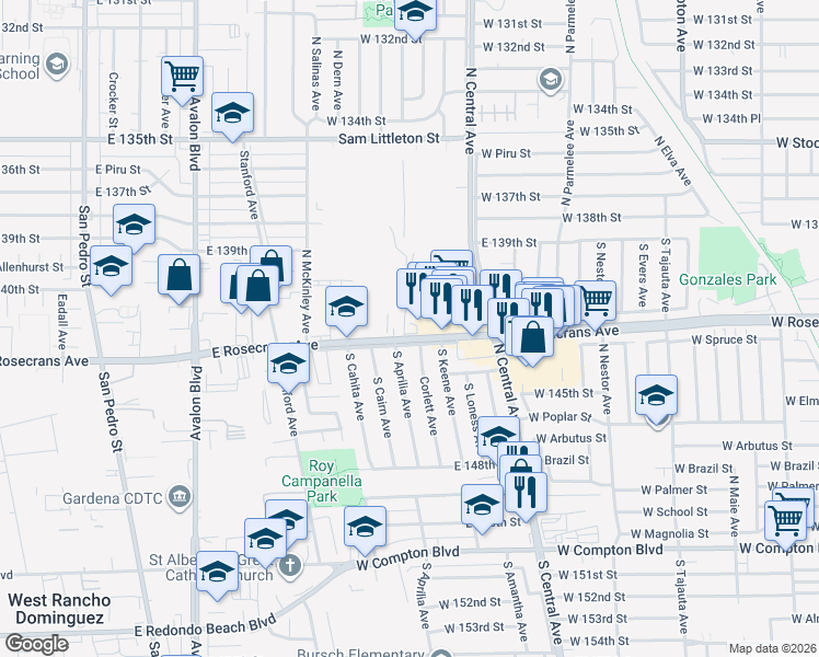 map of restaurants, bars, coffee shops, grocery stores, and more near 2347 Rosecrans Avenue in Los Angeles