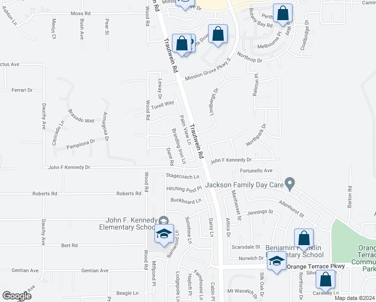 map of restaurants, bars, coffee shops, grocery stores, and more near 8167 Palm View Lane in Riverside