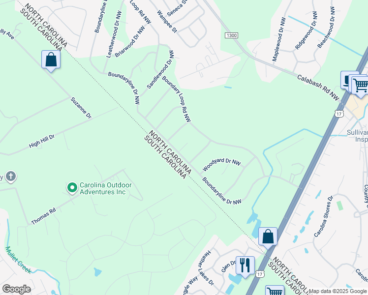 map of restaurants, bars, coffee shops, grocery stores, and more near 342 Shore Court Northwest in Calabash