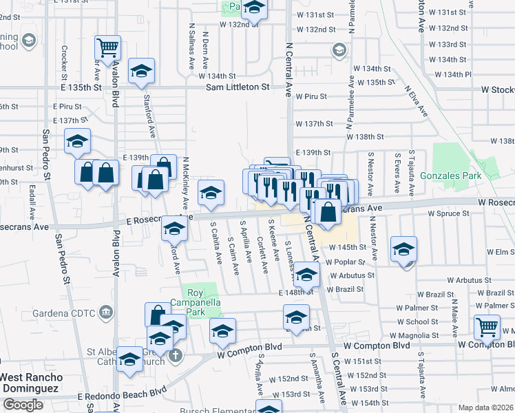 map of restaurants, bars, coffee shops, grocery stores, and more near 2347 Rosecrans Avenue in Los Angeles