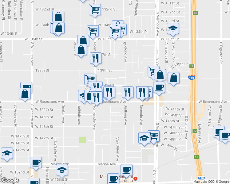 map of restaurants, bars, coffee shops, grocery stores, and more near 14114 Deanna Ct in Gardena