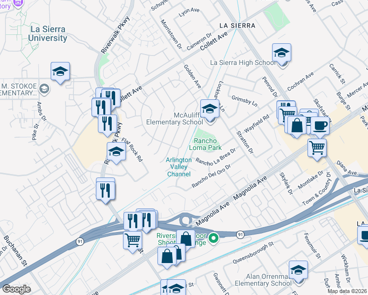 map of restaurants, bars, coffee shops, grocery stores, and more near 11496 Bridgeway Drive in Riverside