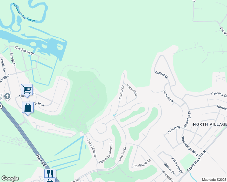 map of restaurants, bars, coffee shops, grocery stores, and more near 629 Charter Drive in Longs
